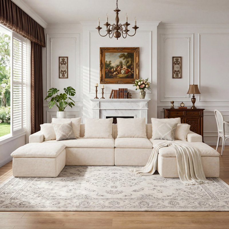 Ensemble fauteuil d'appoint et repose-pieds compressés, fauteuil moderne à assise profonde avec ressorts ensachés et coussin assorti, crème