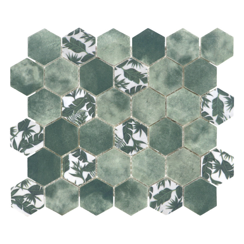 11.7" x 10.2" Hexagon Recycled Glass Cement Green Floor & Wall Mosaic Tile, Green