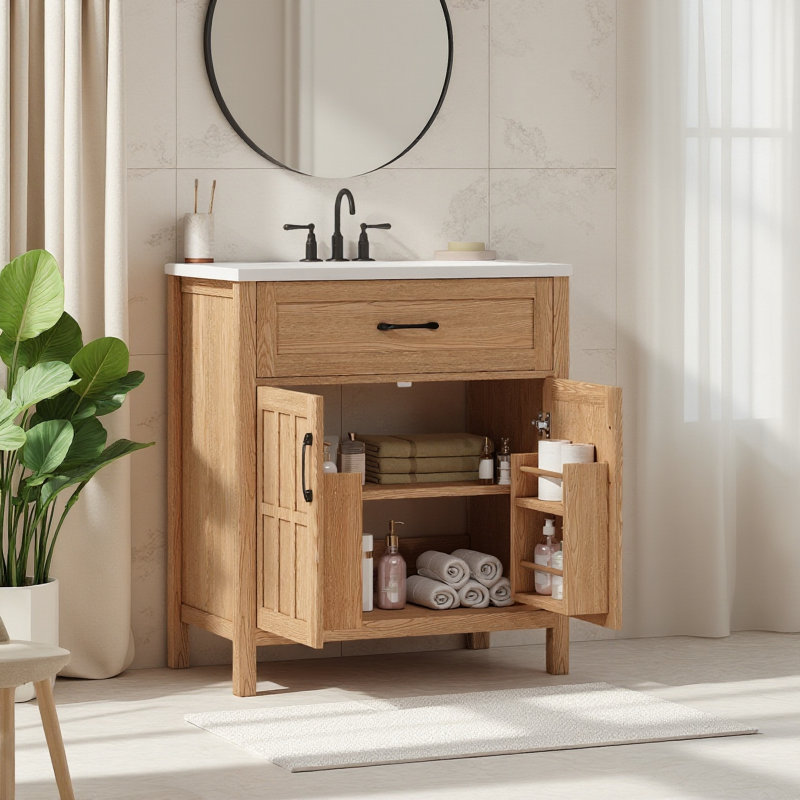 Meuble-lavabo moderne 30 po, meuble-lavabo à grain de bois naturel avec lavabo simple et tablette réglable