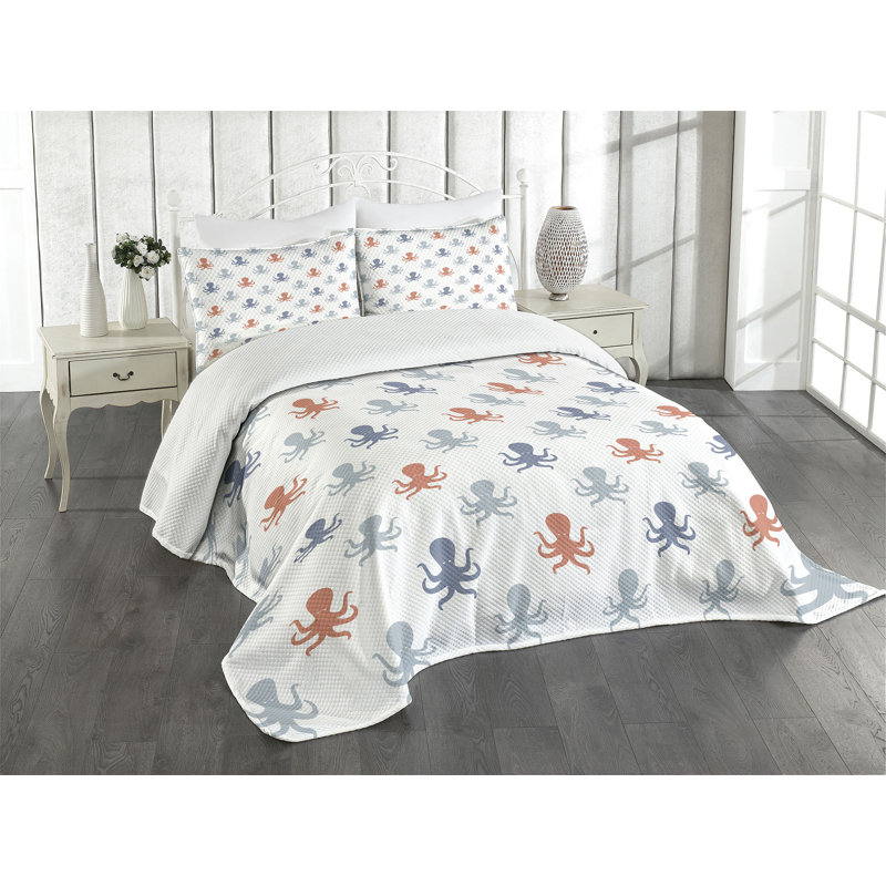 Ambesonne Octopus Bedspread Set  Nautical Silhouettes  Blue Grey Cinnamon, King Coverlet / Bedspread + 2 Standard Shams