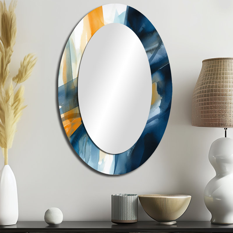 Miroir décoratif ovale abstrait en métal bleu et doré Fusion VII, 36 po x 24 po