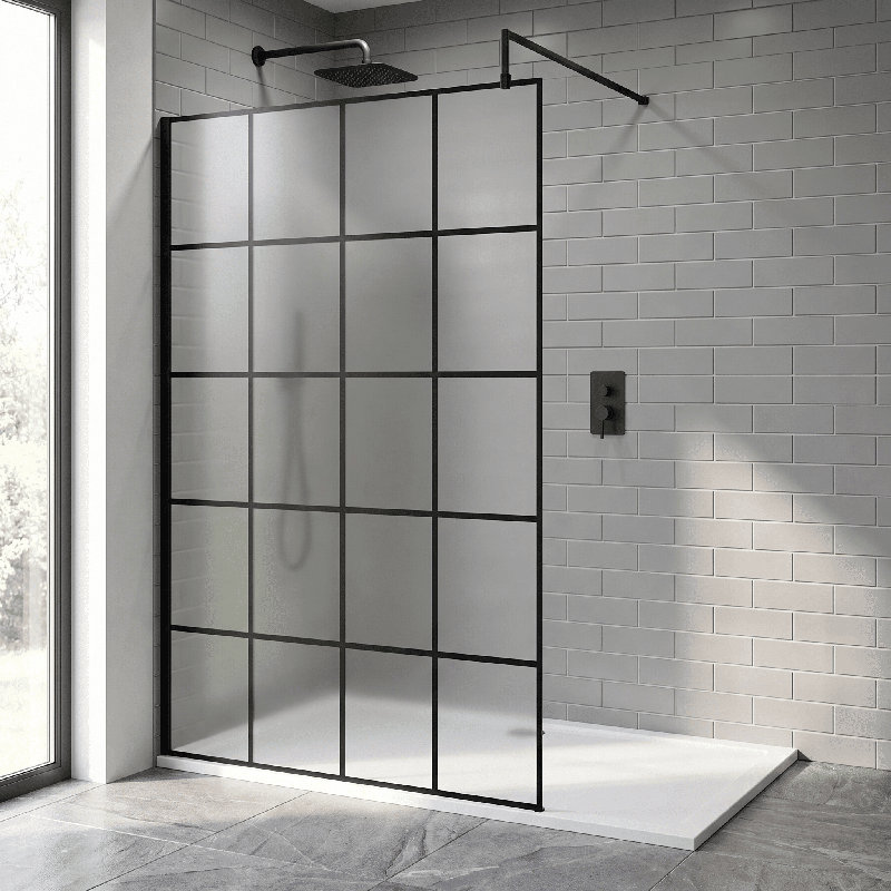 nuie 800mm Matt Black Wetroom Screen 8mm Glass With Support Arms