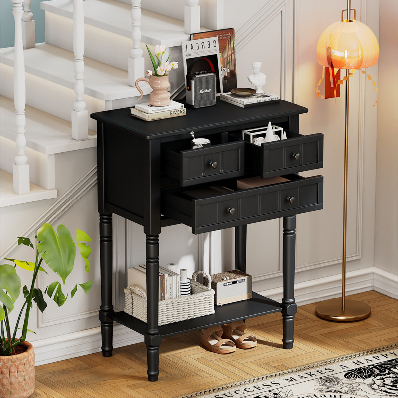 Console étroite, canapé mince avec trois tiroirs de rangement et tablette inférieure (noir), Noir