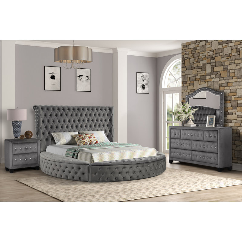 Ensemble de chambre avec rangement 4 pièces Taner, gris, Grand, 4 Pcs: Bed, Dresser, Mirror, Nightstand