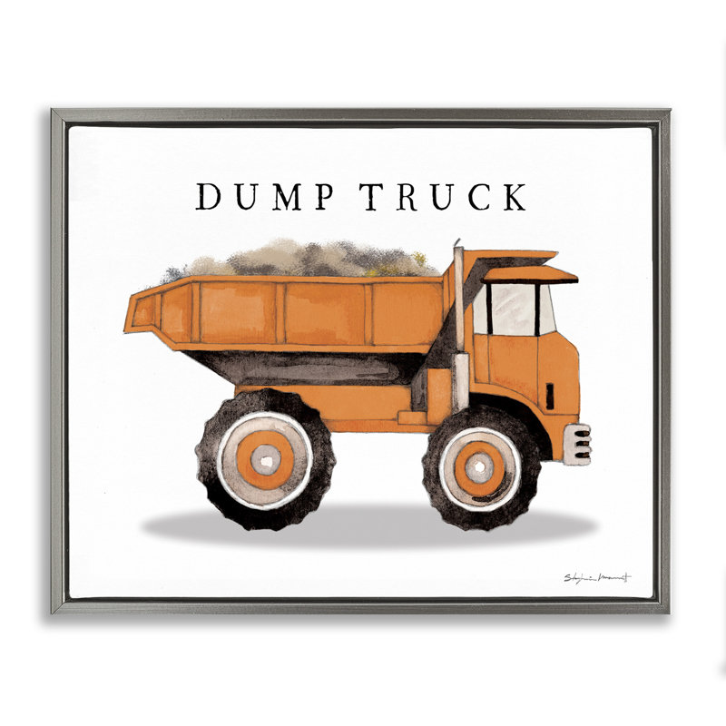 "Dump Truck Construction", art mural encadré par Stephanie Workman Marrott, H 17 po x l 21 po, Cadre flottant gris lustré