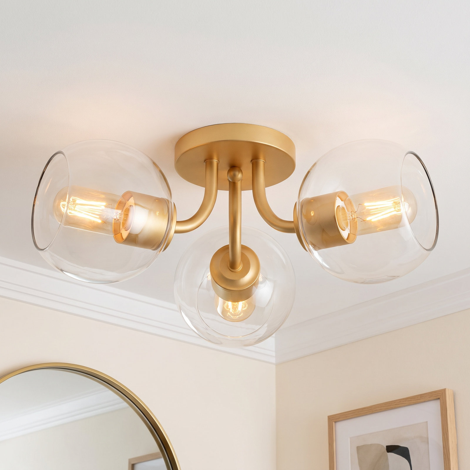 Mirianne 3 Light Glass Semi Flush Mount, Natural Aged Brass