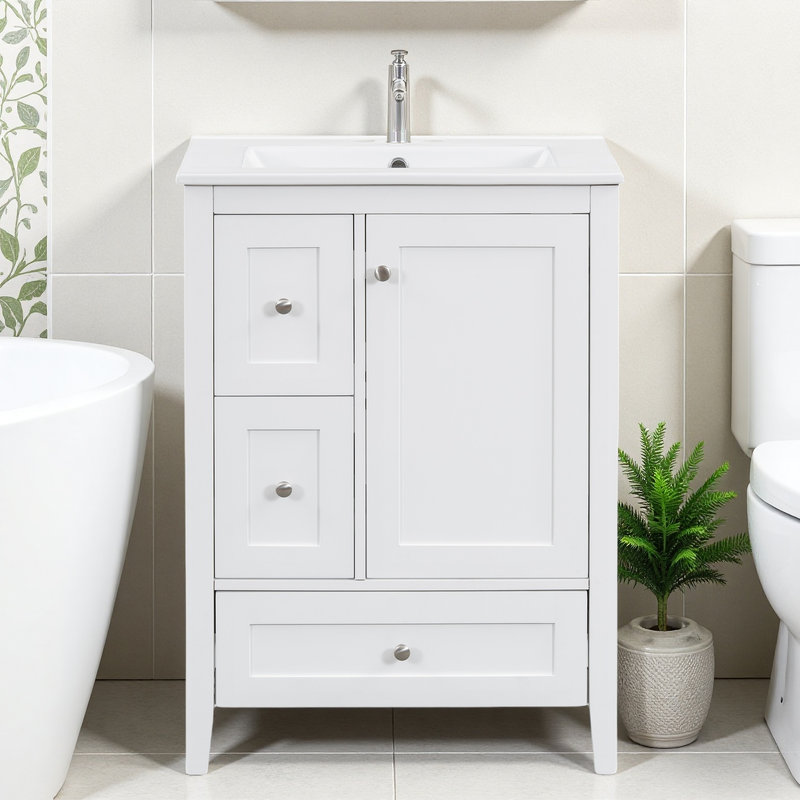 Meuble-lavabo 24 po avec lavabo et tiroirs en céramique, Blanc / argenté