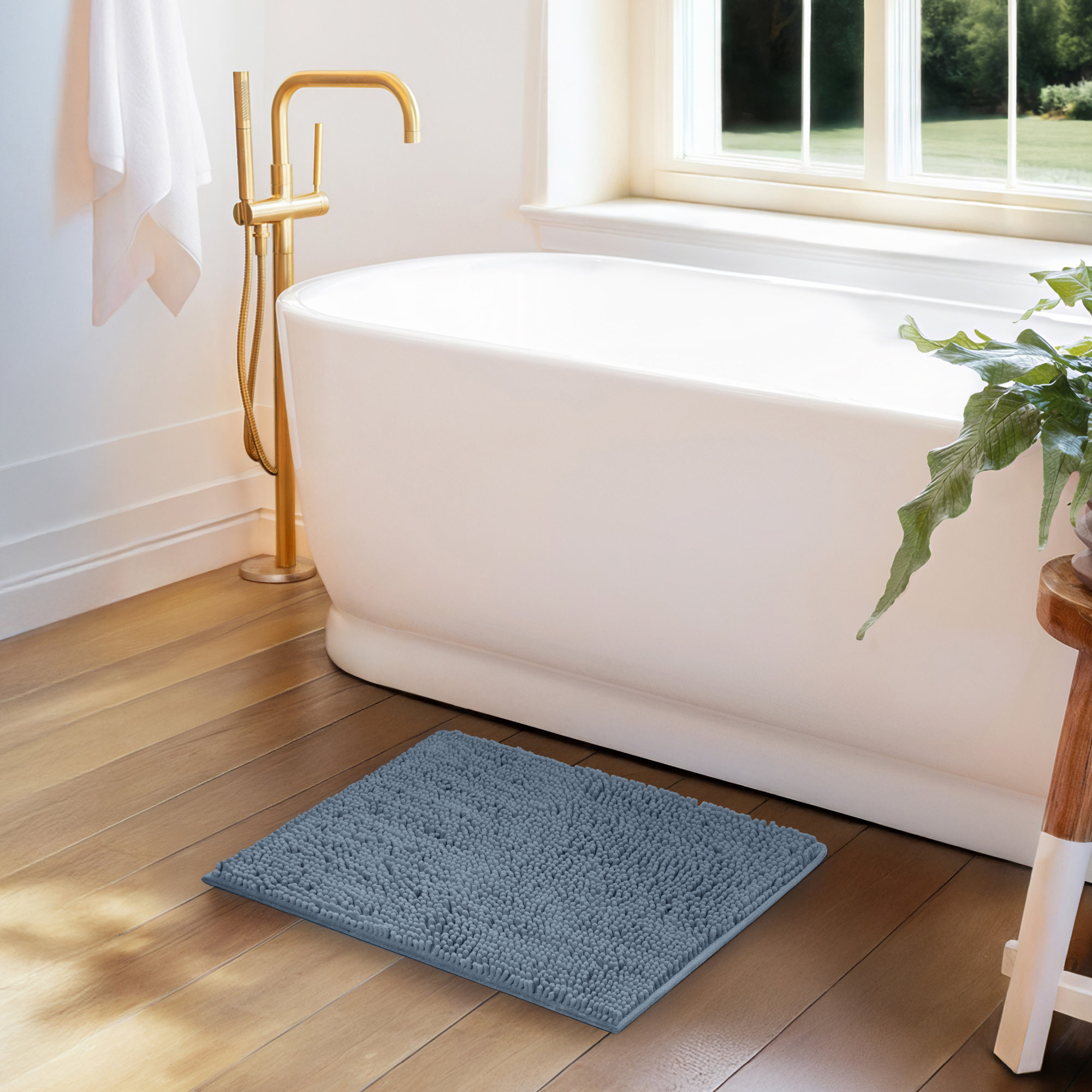 Soft Absorbent Chenille Bath Mat Rug with Anti-Skid Rubber Backing, Light Blue, 24" L x 17" W