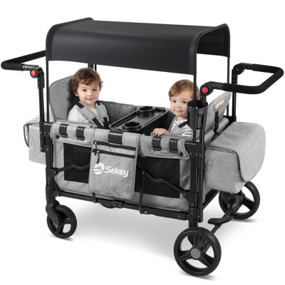 Sekey Wagon Stroller For 2 Kids, Luxury 4-in-1 Stroller Wagon - Premium Quality With Convertible Seats, Adjustable Push Handles, Removable Canopy, Snack Tray & Cooler, Us Certified. Grey