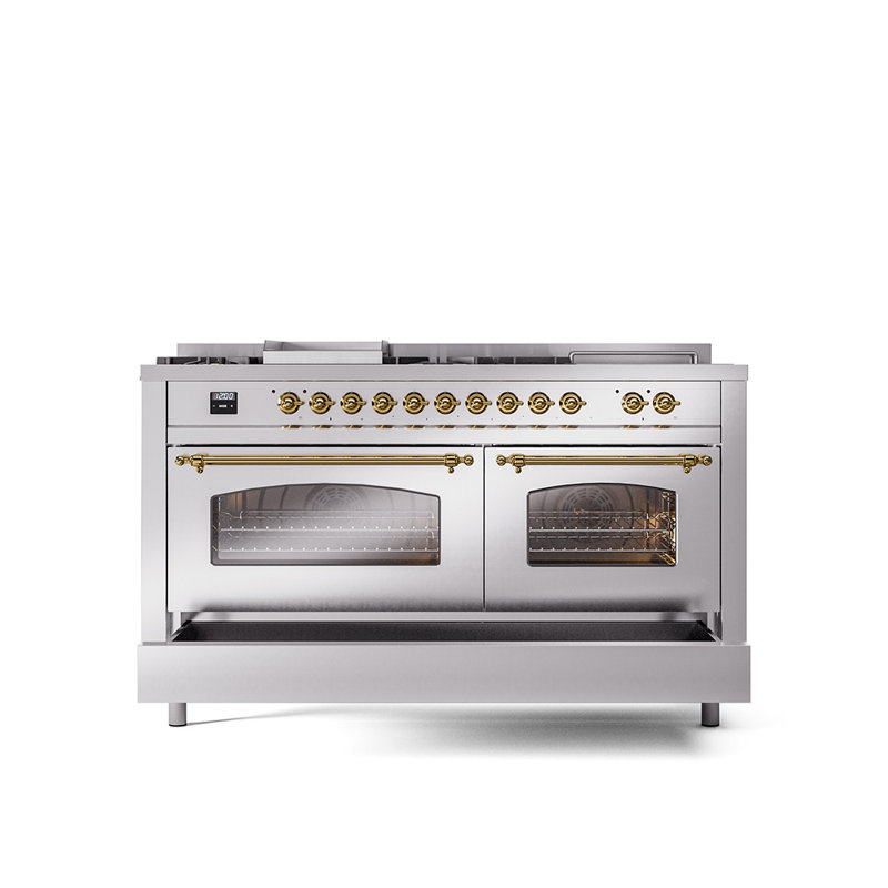ILVE Nostalgie II 60 Dual Fuel Range, 5 Burners, Griddle, Frenchtop , Stainless Steel/Brass, Natural Gas