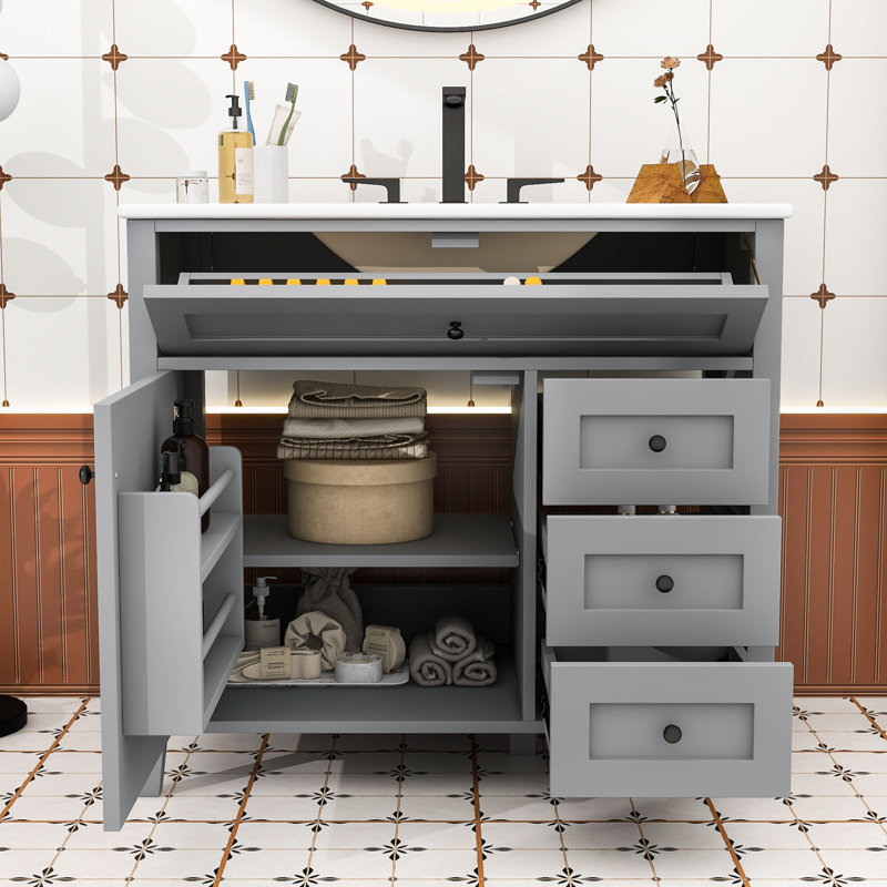 Meuble-lavabo autoportant moderne avec lavabo en céramique durable, tablette réglable et rangement spacieux, Grey