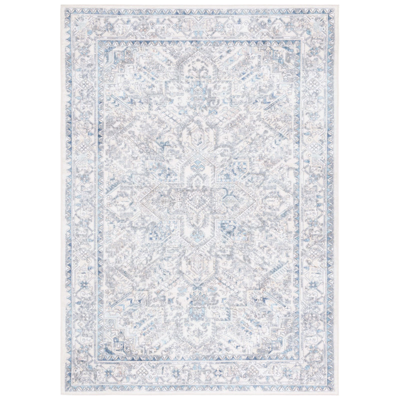 Xailey Orlando Felt/Velvet/Laminated Film Machine Washable Southwestern Rug in Ivory/Light Blue, Rectangle 5'3" x 7'6"