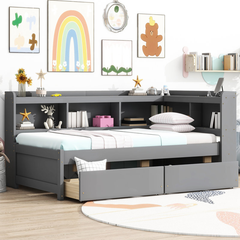 Lit simple en L avec bibliothèques et prises de courant en forme de L, 2 tiroirs - Lit moderne pour chambre à coucher, gris, ports, style