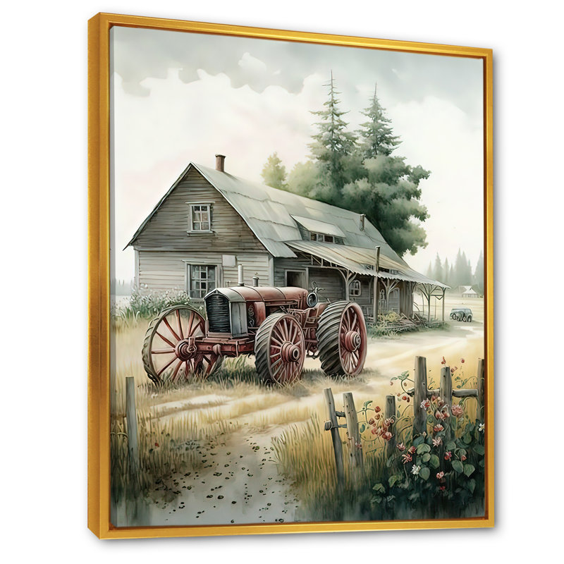 «Tractor at the Barn in Summer II», peinture sur toile, H 20 po x l 12 po x P 1 po, Toile avec cadre flottant or