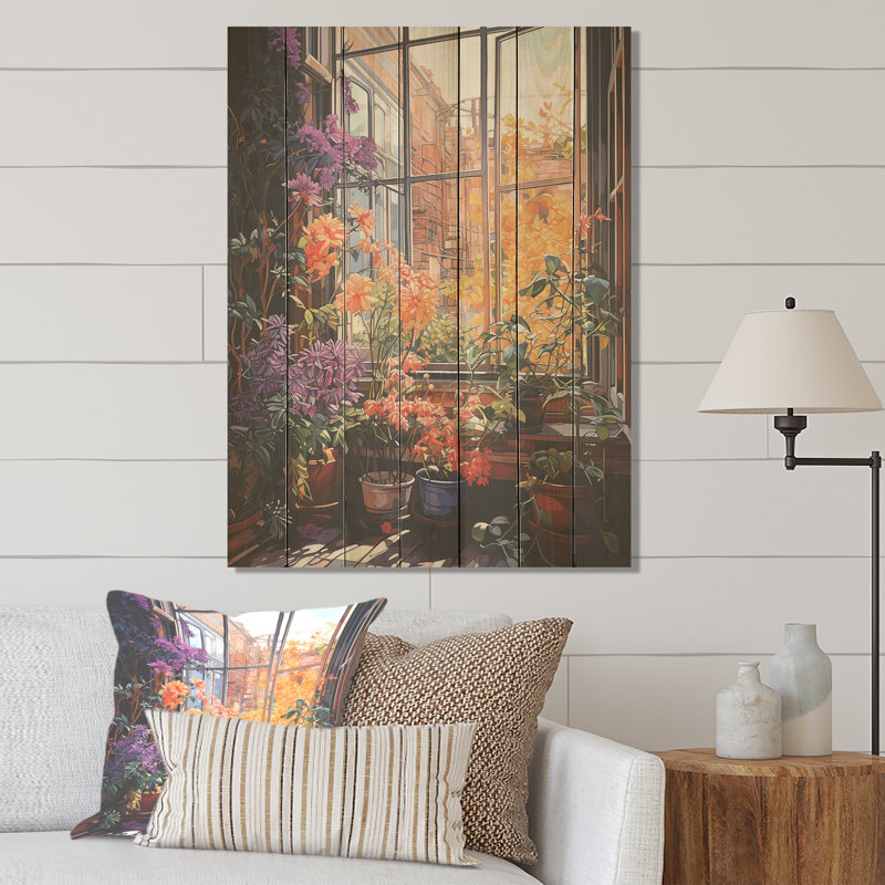 «Sunset Florals», vue de fenêtre en Italie I - fenêtre florale sur bois, H 20 po x l 10 po