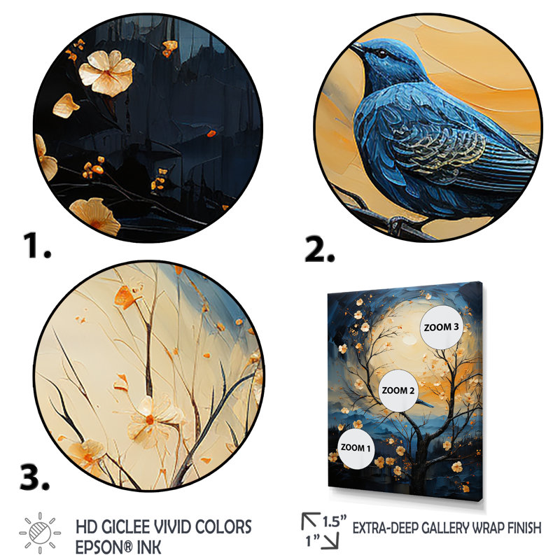 «Springtime Blue Bird Singing Blooms II», art mural oiseau, Cadre simple blanc, H 44 po x l 34 po x P 1,5 po