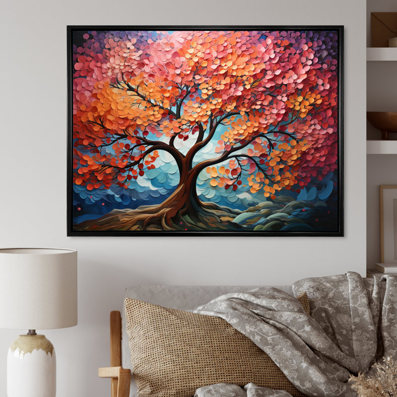 «Trees Abstract Pink Peach Symphony», reproduction, H 24 po x l 32 po x P 1 po, Cadre flottant noir