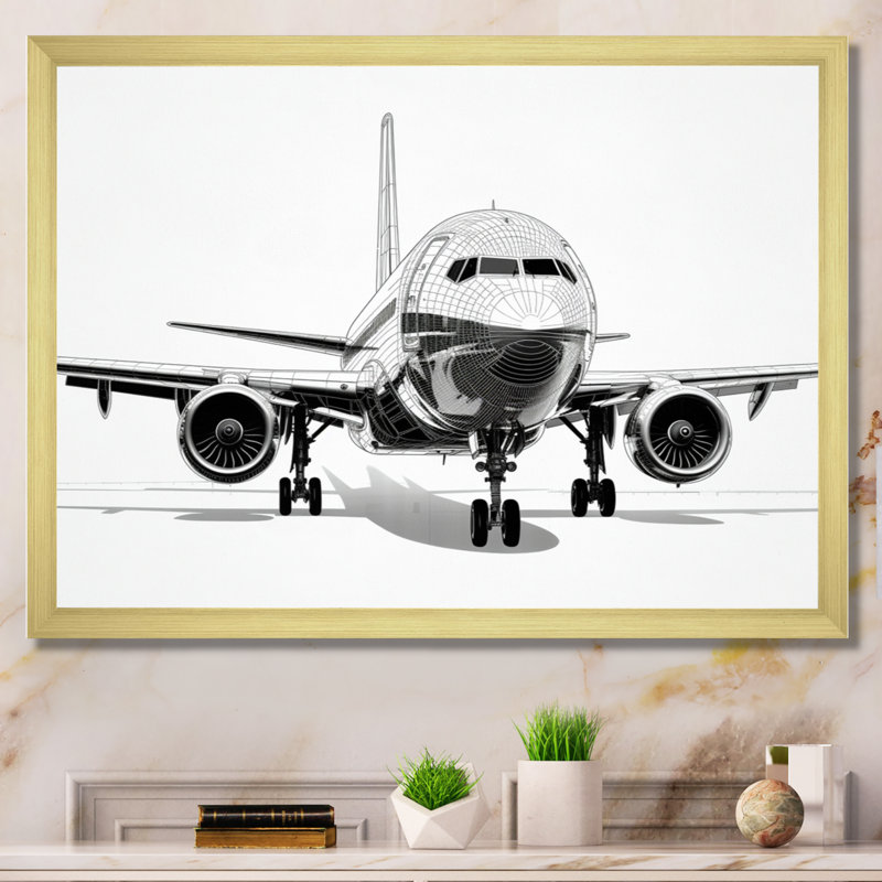 Black & White Plane Graphic Elevation - Transportation Canvas Art Print, H 30 po x l 40 po x P 1,5 po, Encadrement doré
