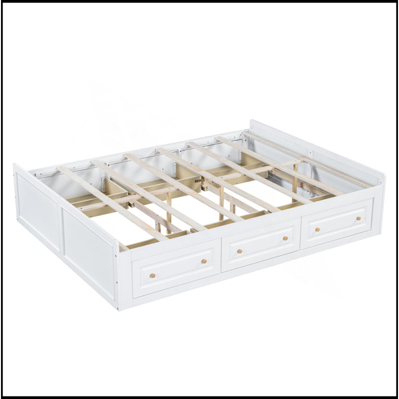 Structure de lit plateforme en bois avec 6 tiroirs, Blanc