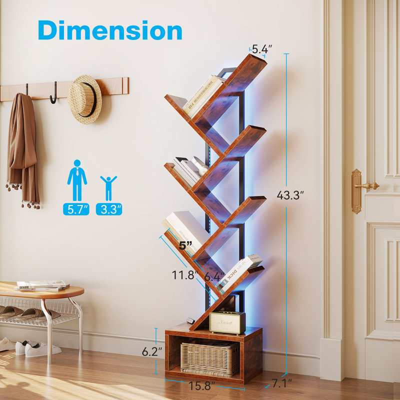Tree Bookshelf With Led Lights, 6 Shelf Retro Floor Standing Bookcase With Spacious Storage Space, Utility Book Organizer Shelves With Stable Structure