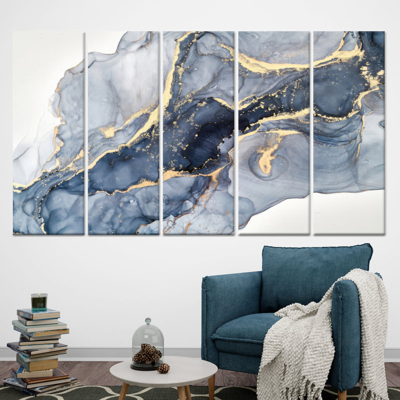 Décoration moderne abstraite: œuvre d'art imprimée sur toile en bleu et or, toile tendue 5P, H: 59,1 po x l: 98,4 po