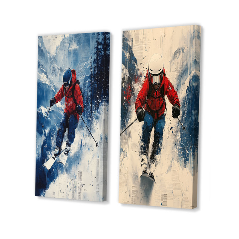 «Red Ski Big Air Accents With Blue I» - ensemble d'art mural 2 pièces, H 40 po x l 40 po, Toile tendue