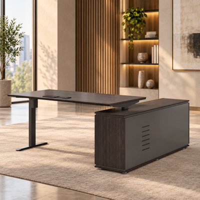 Reversible L-Shaped Electric Standing Desk with Storage Cabinet, Charging Station, File Drawers, Memory Presets, Dark Wood Finish