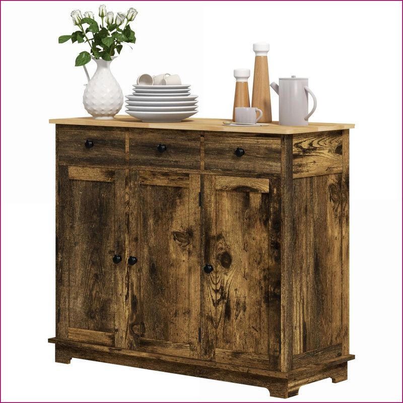 Buffet avec comptoir en bois massif, armoire de rangement brun rustique moderne | 3 tiroirs, 2 portes | Structure en bois d'ingénierie