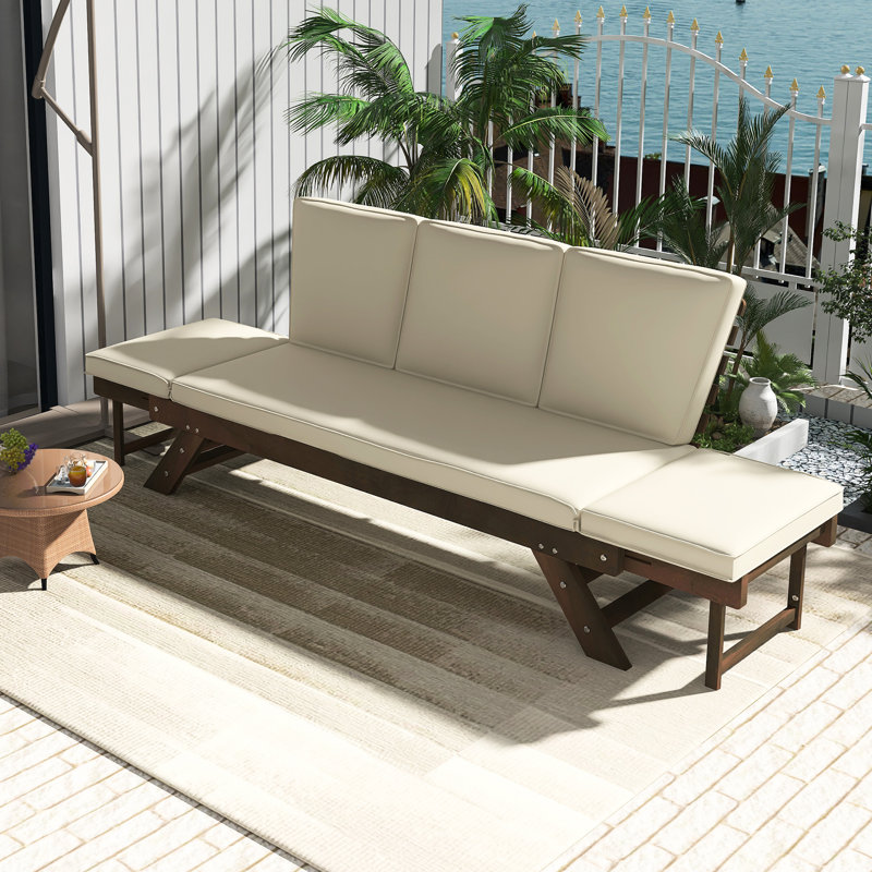 Outdoor Adjustable Patio Wooden Daybed Sofa Chaise Lounge ｜Brown Finish+Beige Cushion｜｜ Cushions For Small Placespremium Acacia Frame｜High Quality Fabric