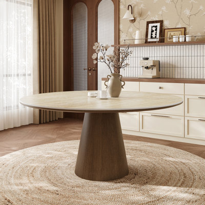59'' Round Travertine Stone Dining Table, Pedestal MDF Base with Full Support Backing Board, Mid-Century Modern Circular Kitchen Dinner Table