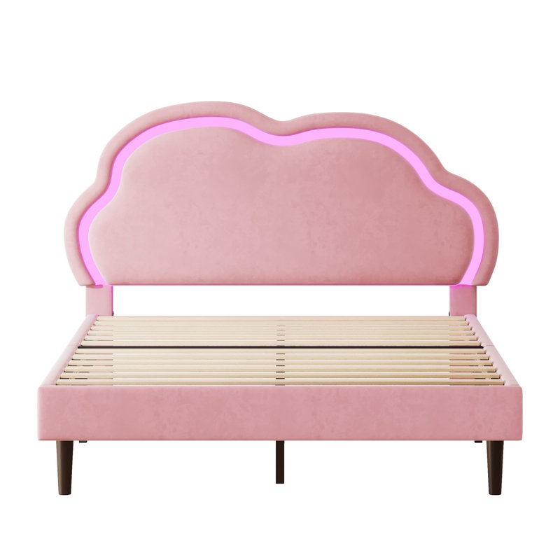 Velvet Bed With Rgb Led Cloud Headboard, Adjustable Height, Solid Wood Slats, No Box Spring Needed, Easy Assembly, Pink