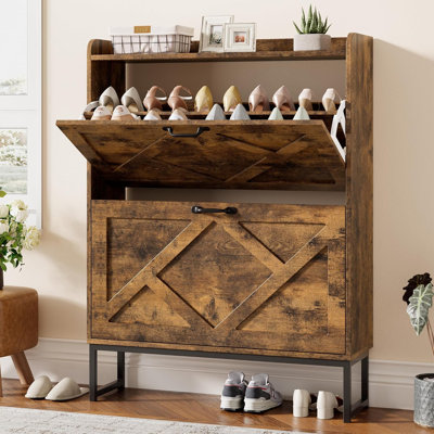 Freestanding Shoe Storage Cabinet With Flip Drawers, Narrow Shoe Organizer With Metal Legs, Farmhouse Style Slim Shoe Rack For Entryway, Foyer, Hallway