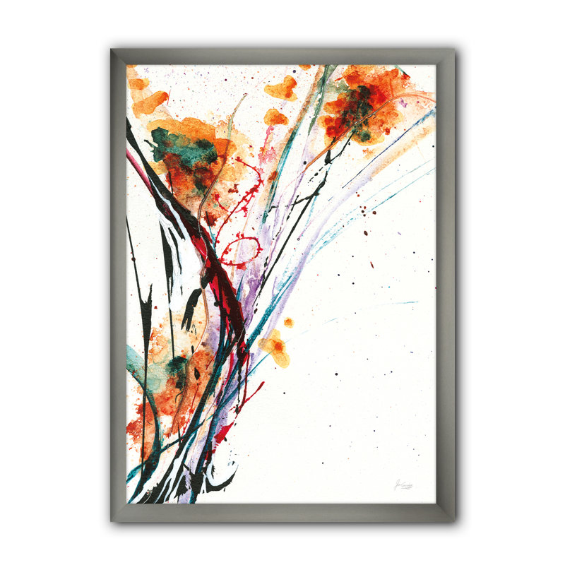 Cadre photo « abstract handpainted orange florals », reproduction sur toile, Cadre argenté, H 20 po x l 12 po x P 1po