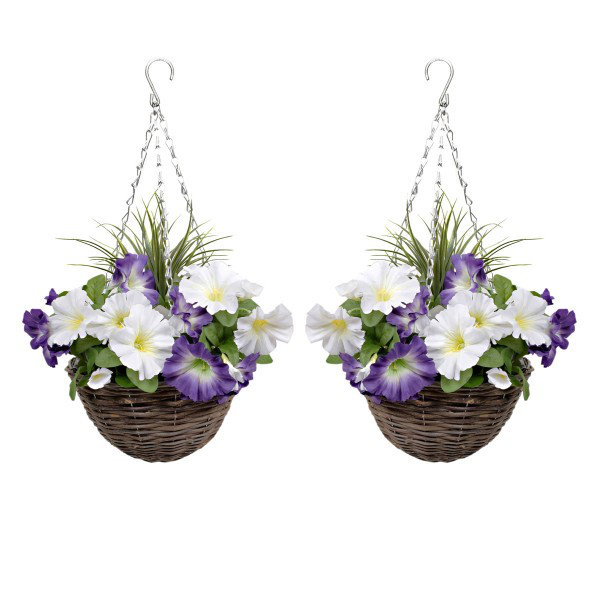 GrrenBrokers 2 x Artificial Petunias Rattan Hanging Baskets (52cm/20in), Violet/White