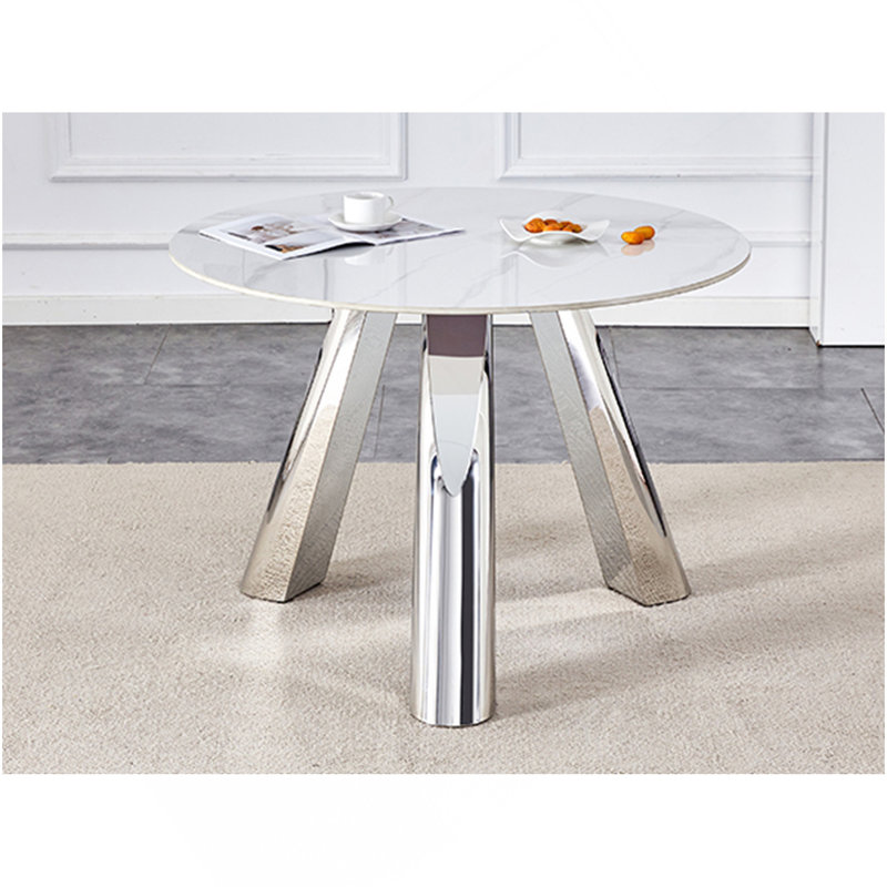 A 42-Inch Stainless Steel Leg Round Table With A Marble Top Is Suitable For Use By Four Or Six People, White Marble, Silver
