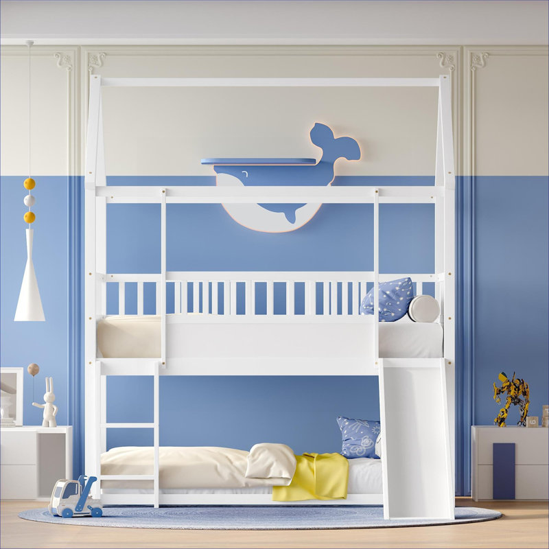 Structure de lit superposé simple au-dessus d'un lit simple pour chambre d'enfant avec échelle coulissante convertible et garde-corps en pin massif blanc