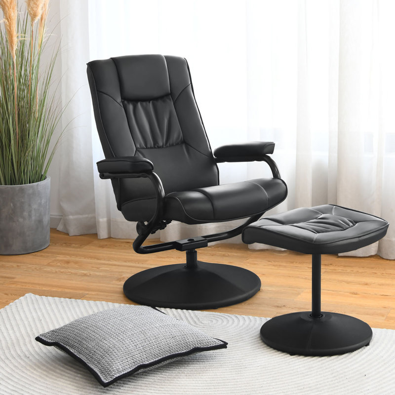 Mcabee Faux Leather Swivel Armchair with Ottoman, Black Faux Leather