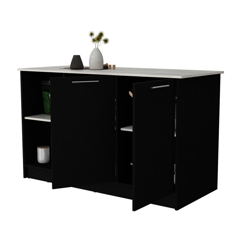 Large Black And Kitchen Island With Dual Double-Door Cabinets For Extra Storage Grey Open Shelves