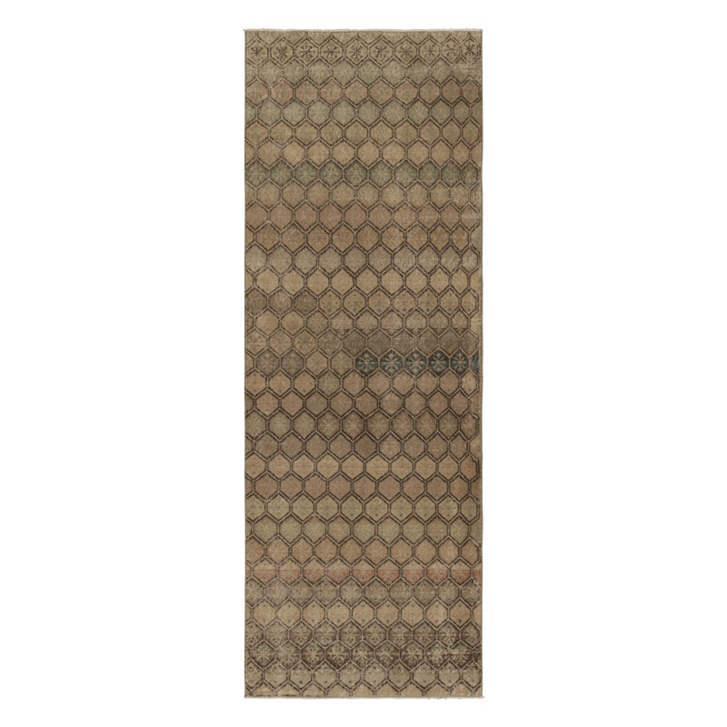 Vintage Distressed Runner Rug, Beige-Brown Geometric Pattern - Rug & Kilim