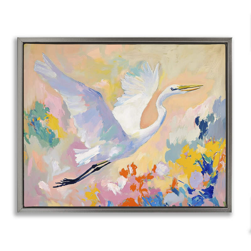 «Heron & Abstract Botanicals», art mural sur toile par Ramona Murdock, Cadre flottant gris lustré, H 25 po x l 31 po
