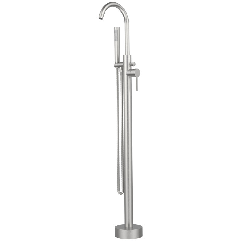 Floor Mount Bathtub Tap With Handheld - Brushed Nickel, Brass, High Flow, 360 Swivel Spout, Single Handle Bathroom Faucet Freestanding Mount, Matte Black, Solid Metal, 6 Gpm Flow Rate, Degree