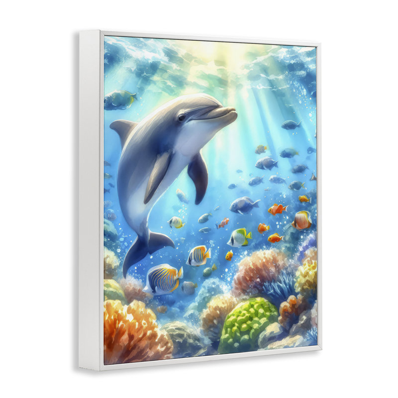  Smiling Dolphin Under Sea Giclee Art by LSR Design Studio, H 20 po x l 16 po, Estampe numérique encadrée blanc bord de mer