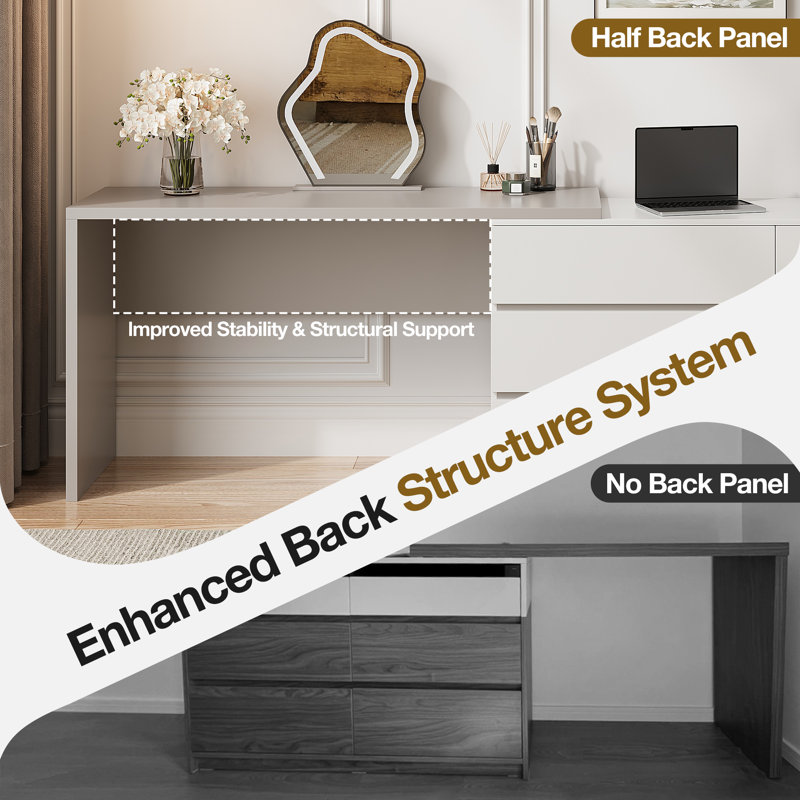 dresser with desk Heynemo 6-Drawer Extendable Corner Vanity Table and Combo 3 Side Shelves, Makeup Vanity Desk, Wood Dressing Table for Bedroom, Beige while the sleek black tabletop adds a modern Ameriwood Home Rebel 59 W