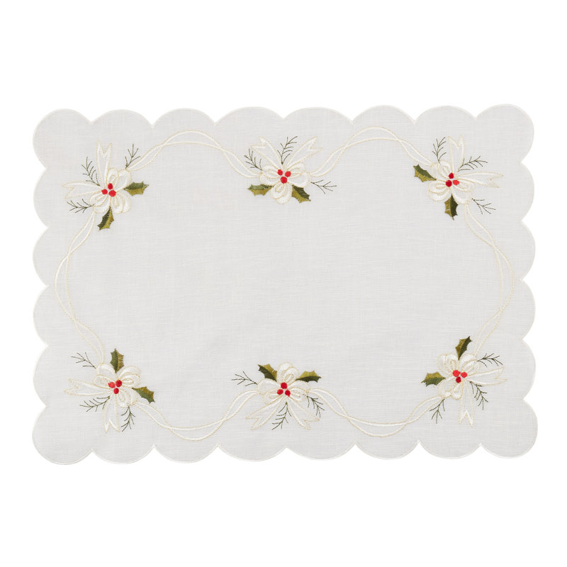 White Embroidered Holly and Ribbon Fabric Placemats Set of 4