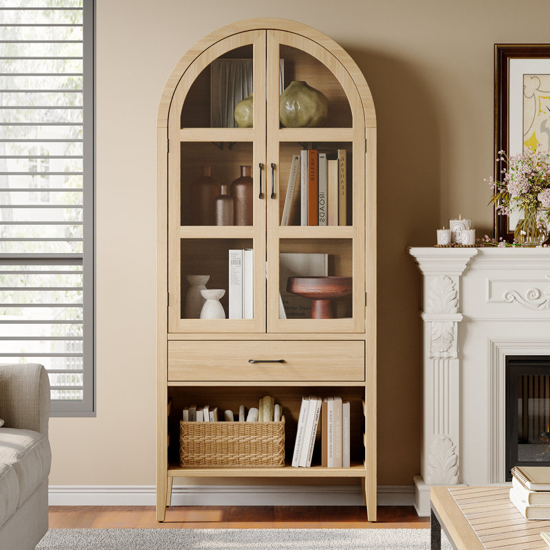 71" Tall Arched Bar Cabinet With Detachable Wine Rack, Storage Display Cabinet, Farmhouse Storage Bookcase, Oak