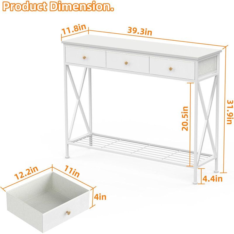 Entryway Table Console Sofa Table with 3 Fabric Drawers Modern Behind Couch Table Hallway White