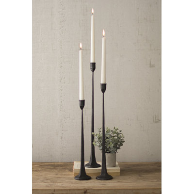  Set of Three Taper Candle Holders, Cast Iron Rustic Farmhouse Table Decor, Black Finish