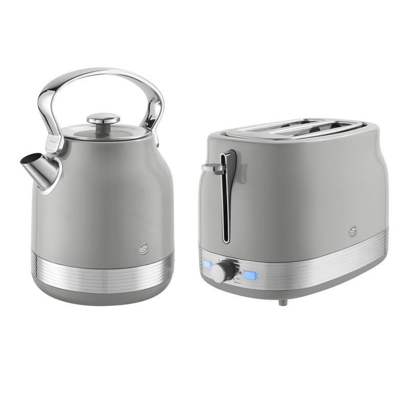 Swan Retro Kitchen Set, 1.7L Rapid Boil Traditional Kettle and 2 Slice Toaster, Non-Slip Feet, Grey