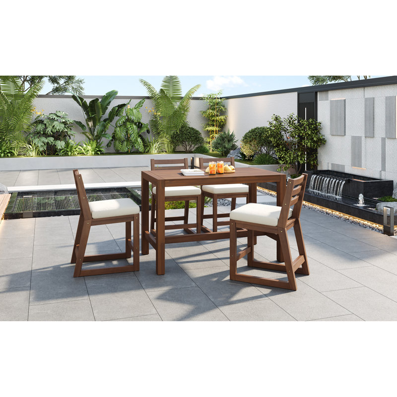 Ensemble de bar de patio rustique 5 pièces, ensemble de table de patio et chaises avec chaises ergonomiques, plateau de table à lattes en bois massif pour piscine, balcon, cour arrière, véranda (coussin moka)