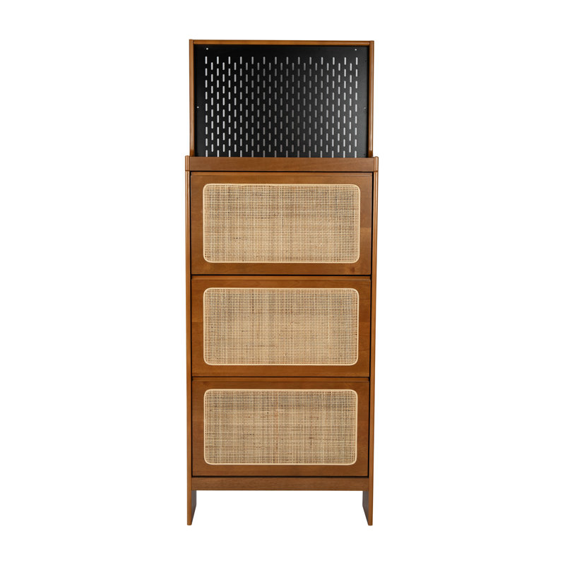 Rangement pour chaussures en noyer, l 7,8 po x H 65 po, grande capacité d'entrée, étagère moderne au design exquis de 65 po avec 3 tiroirs rabattables et structure stable et noire, peu encombrante
